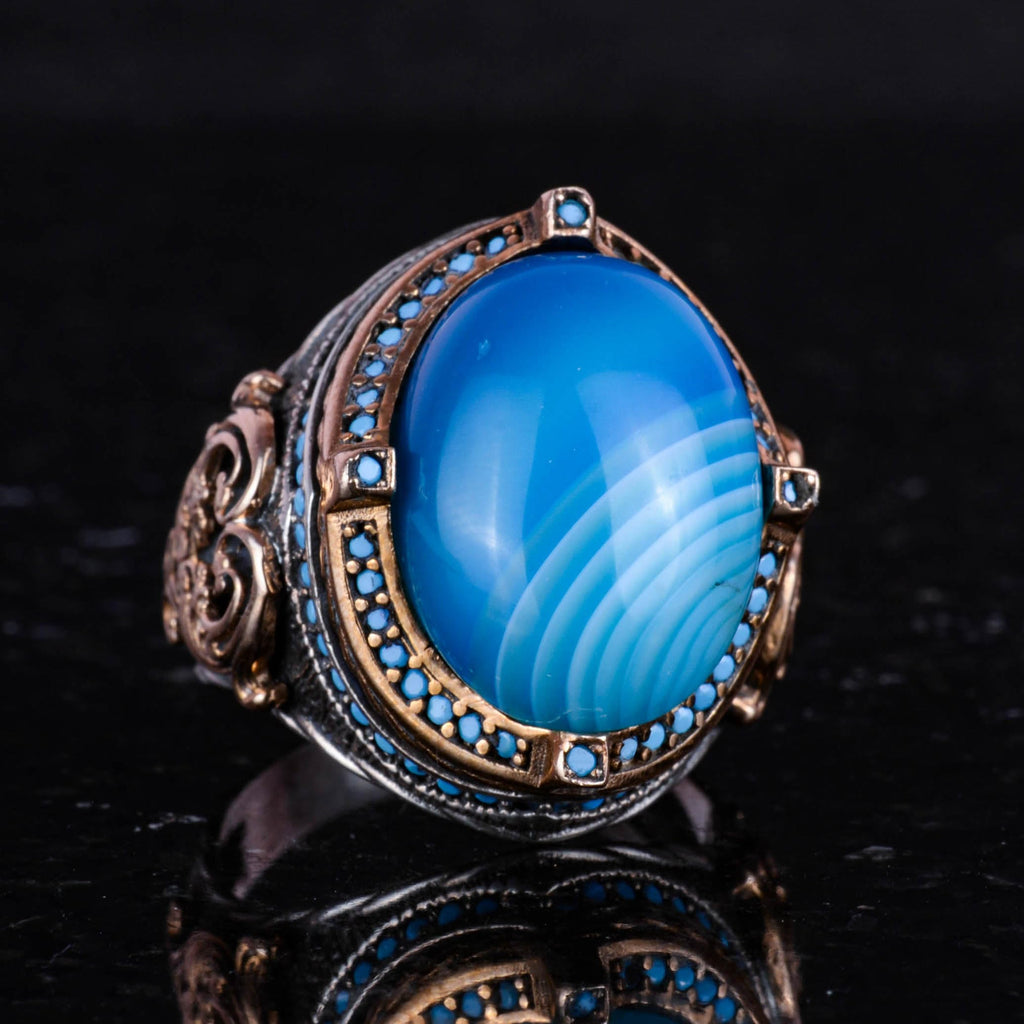 925 Sterling Silver Men's Ring with Natural Blue Agate Stone, Handmade Statement Ring, Vintage Design — 5