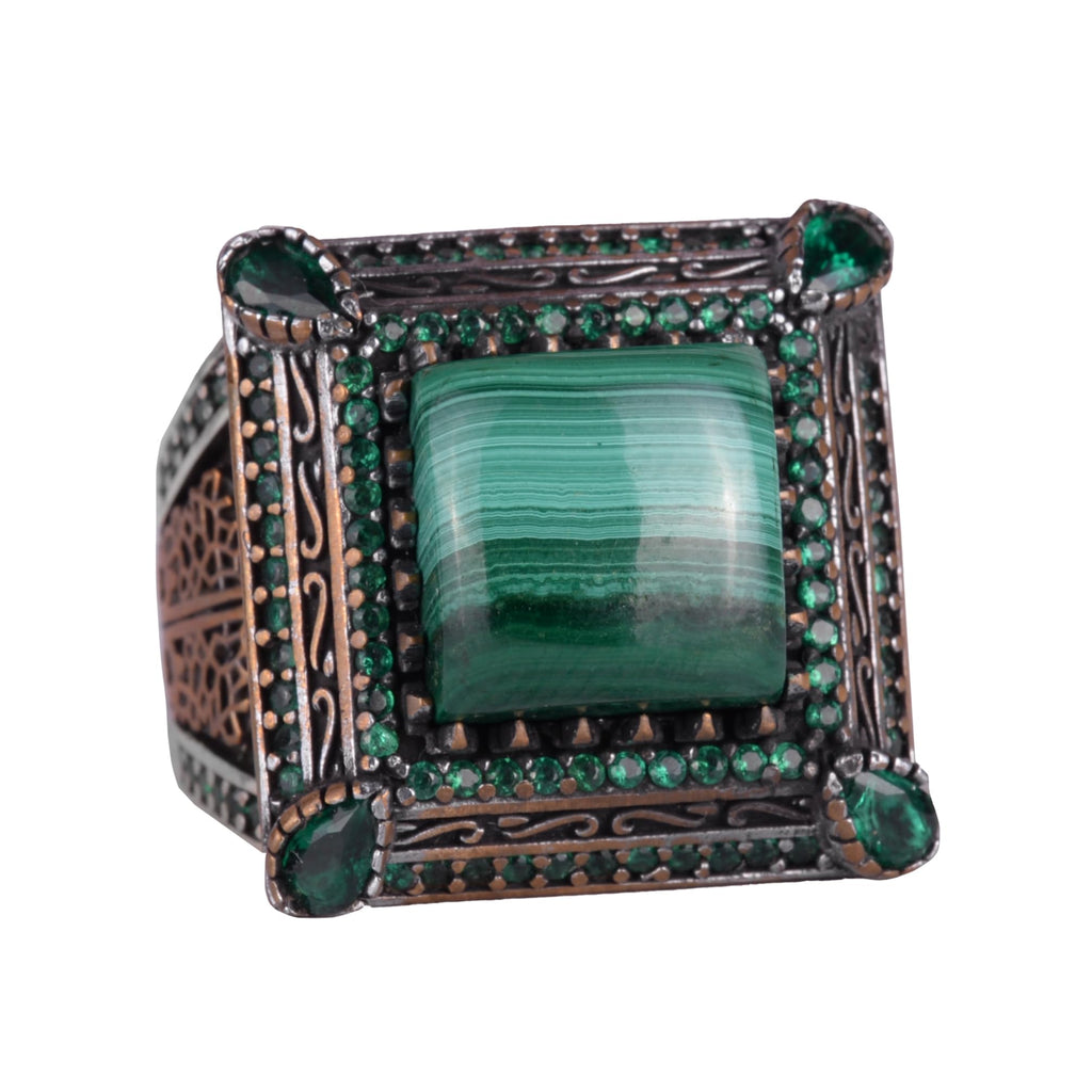 925 Sterling Silver Men's Ring - Natural Malachite Stone, Luxurious and Unique Design