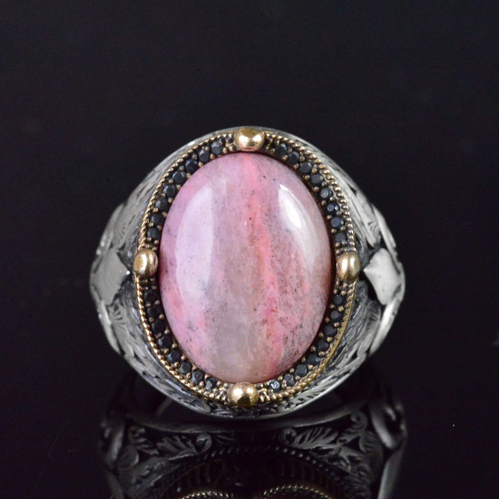 Lily Patterned Silver Ring - 925 Sterling Silver Handmade Men's Jewelry (Rhodonite) — 5