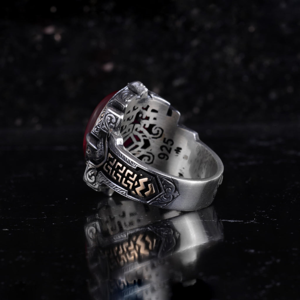 KAMBO Natural Stone Ring 925 Sterling Silver – Handmade Men's Statement Ring Healing Jewelry (Star Ruby) — 7