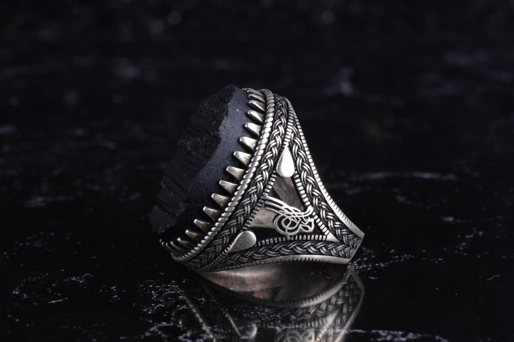 KAMBO Men's Natural Stone Ring – 925 Sterling Silver Large Statement Ring – Handmade Ottoman Pattern Jewelry (Black Tourmaline) — 7