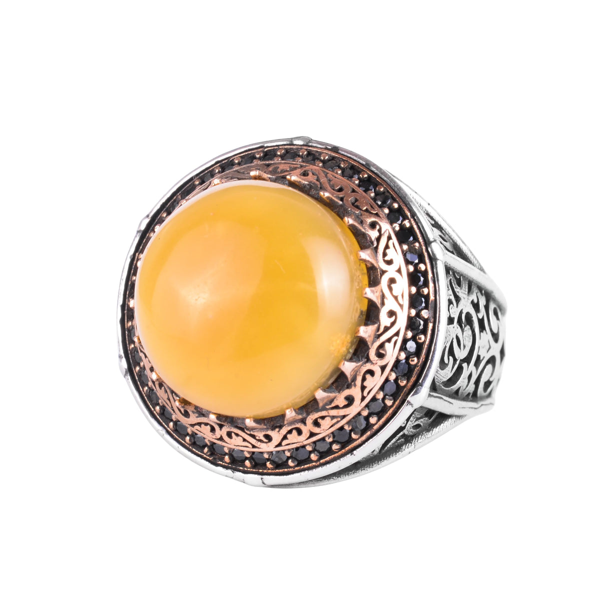 KAMBO Stone 925 Sterling Silver Men's Round Ring with Bronze Detail Vintage Ottoman Style Handmade Silver Ring (Amber)