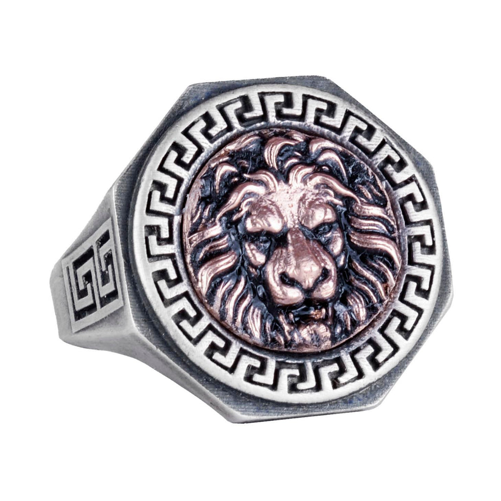 925 Sterling Silver Ring - Greek Key Design Men's Ring - Handmade Ring (Lion)