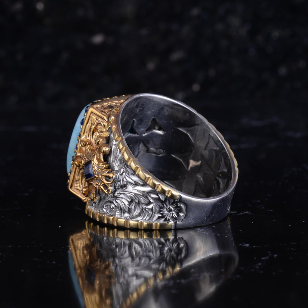 KAMBO Natural Larimar Stone Men's Ring – Silver Gold Plated Blue Stone Detailed 925 Sterling Silver Square Cabochon Larimar Ring – Handmade Expression Jewelry — 7