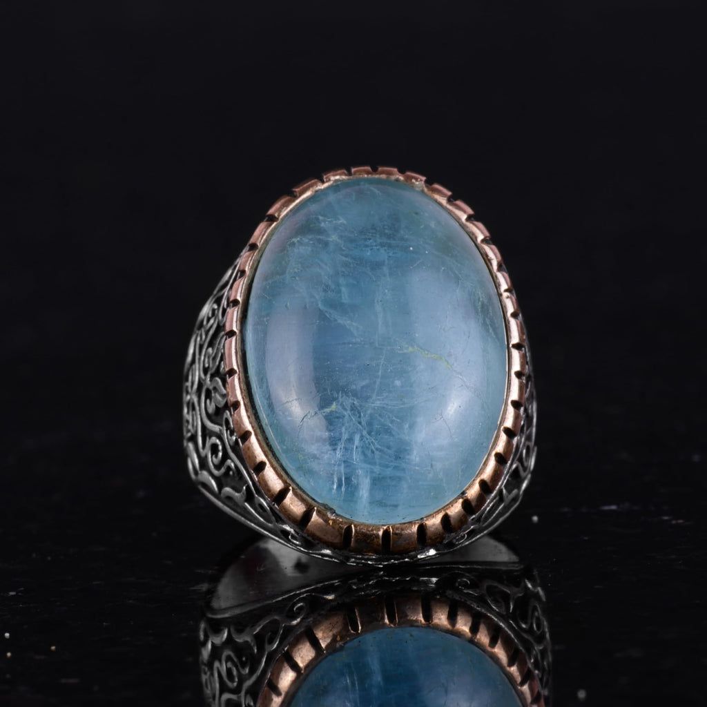 Natural Aquamarine Stone Ring, Sultan Ring, Peaceful 925 Sterling Silver Men's Ring — 4