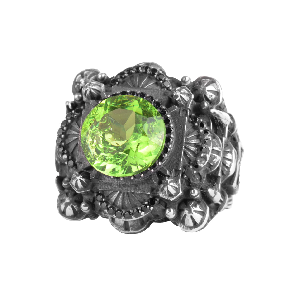 KAMBO Certified Peridot Stone Mosque Ring Men's - 925 Sterling Silver Ottoman Style Statement Ring - Handmade Green Stone Islamic Jewelry
