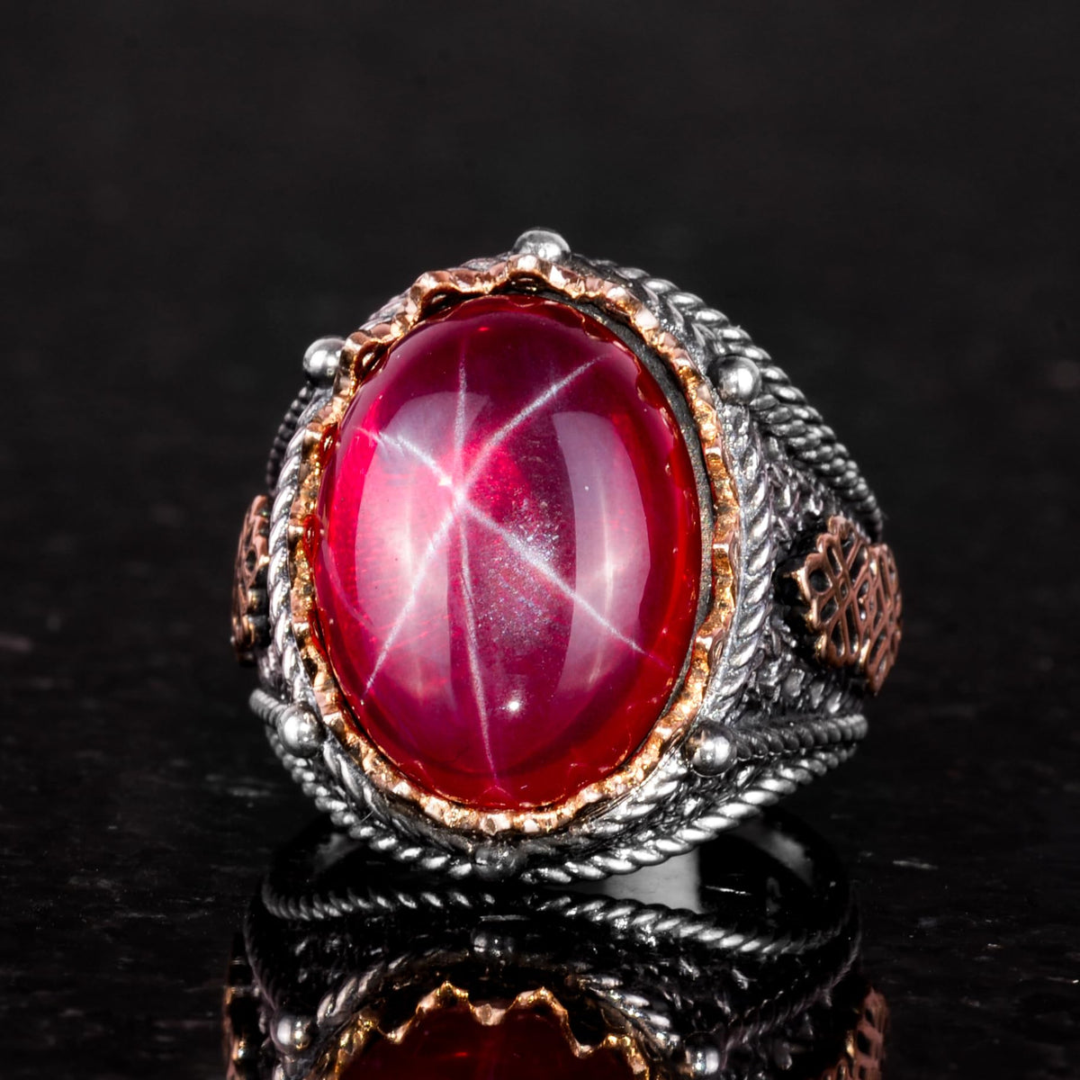925 Sterling Silver Men's Ring, Handmade Natural Star Ruby Stone Ring — 2