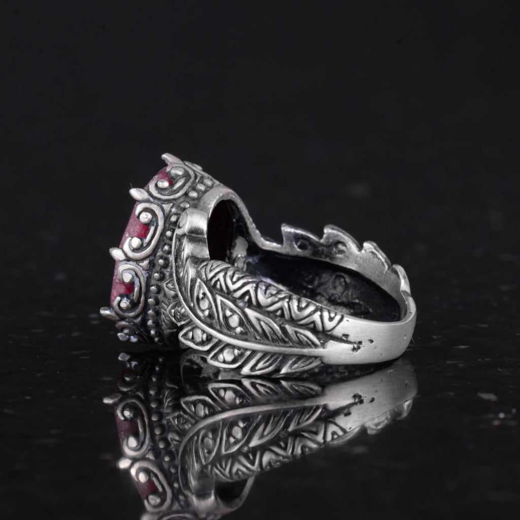 Silver Women's Ring, Natural Ruby Stone, Vintage Bohemian Design — 7