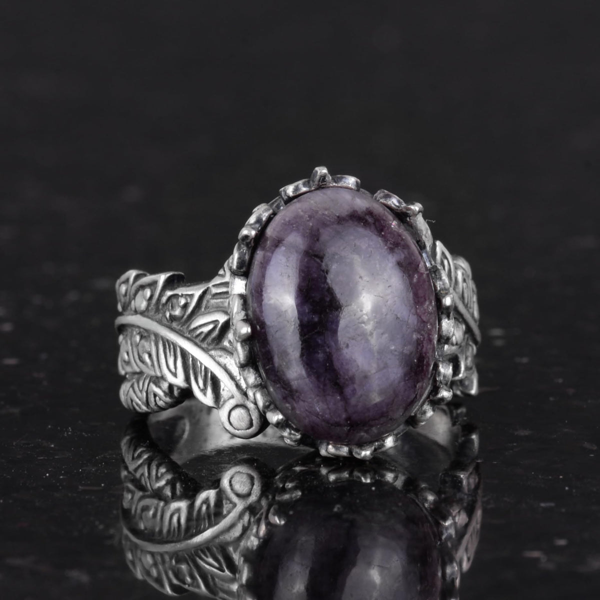 Vintage Bohemian Design Silver Women's Ring with Natural Cabochon Sapphire Stone — 5