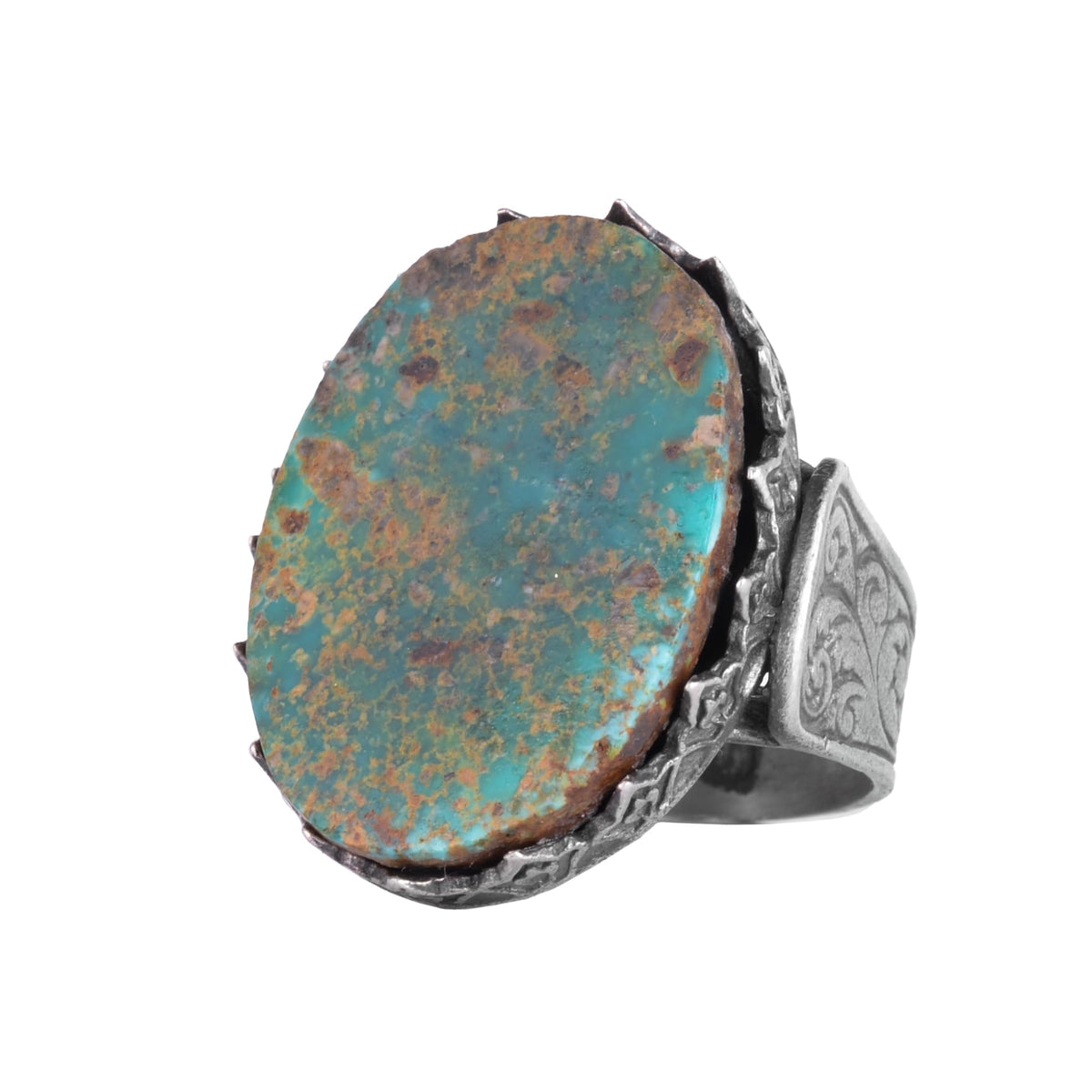 KAMBO Natural Turquoise Stone Large Ring Men's 925 Sterling Silver Handmade Vintage Pattern Statement Ring