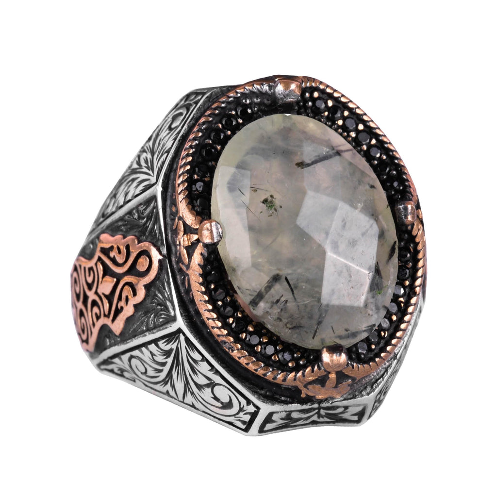 Handmade Prehnite Jade Ring - Healing Themed 925 Sterling Silver Men's Ring - Peace and Wisdom (Model-2)