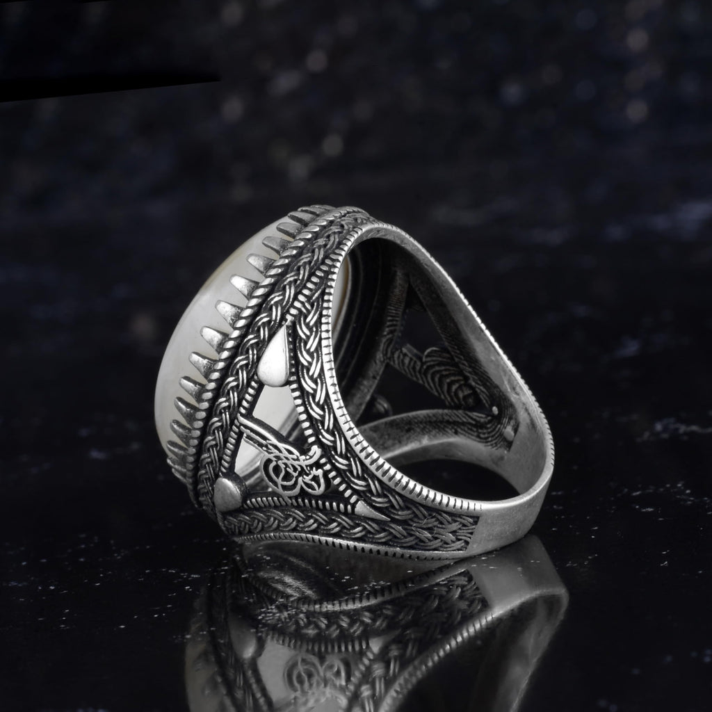 KAMBO Natural Pearl Stone Ottoman Crest Men's Ring 925 Sterling Silver Tugra Motif Handmade Heritage Ring — 7