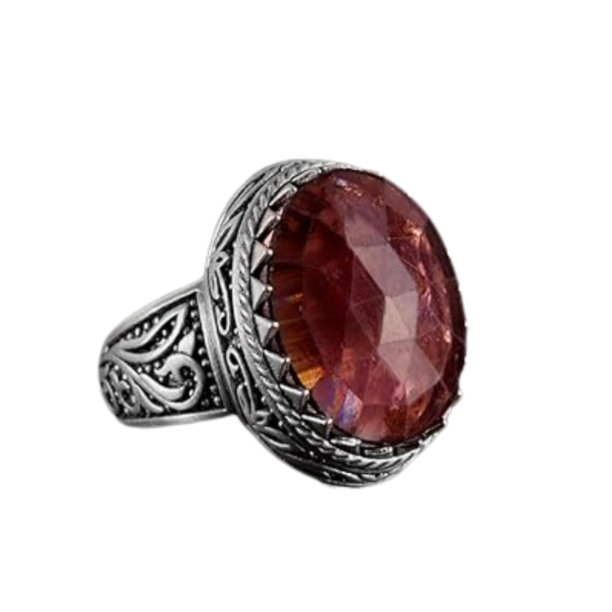 Natural Stone Ring - 925 Sterling Silver Ring for Men (Red Sapphire)