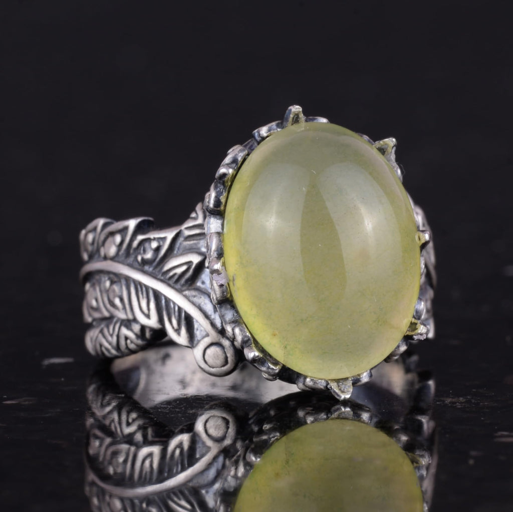 Silver Women's Ring with Natural Prehnite Jade Stone, Vintage Bohemian Design — 5