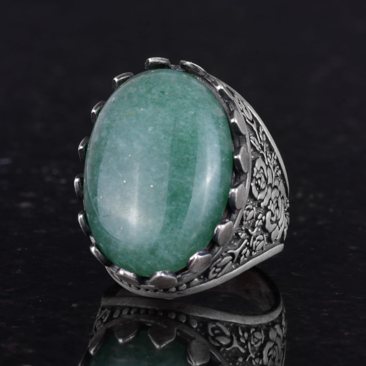 Natural Stone Ring - Rose Pattern - 925 Sterling Silver - Handmade Large Ring (Aventurine) — 6