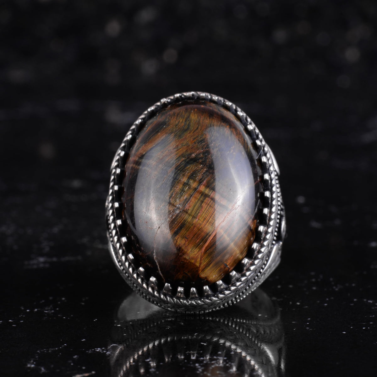 KAMBO Men's Natural Stone Ring – 925 Sterling Silver Large Statement Ring – Handmade Ottoman Pattern Jewelry (Cat's Eye) — 3
