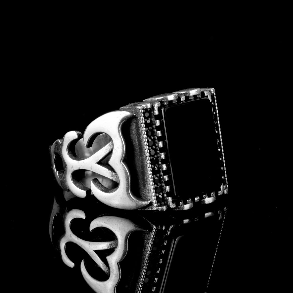925 Sterling Silver Men's Ring - Real Natural Obsidian Stone — 3