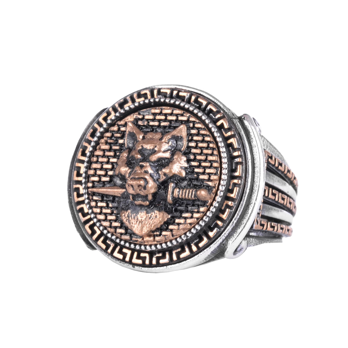 KAMBO Bronze Detailed 925 Sterling Silver Men's Ring Handmade Vintage Symbolic Statement Ring (Wolf Head)