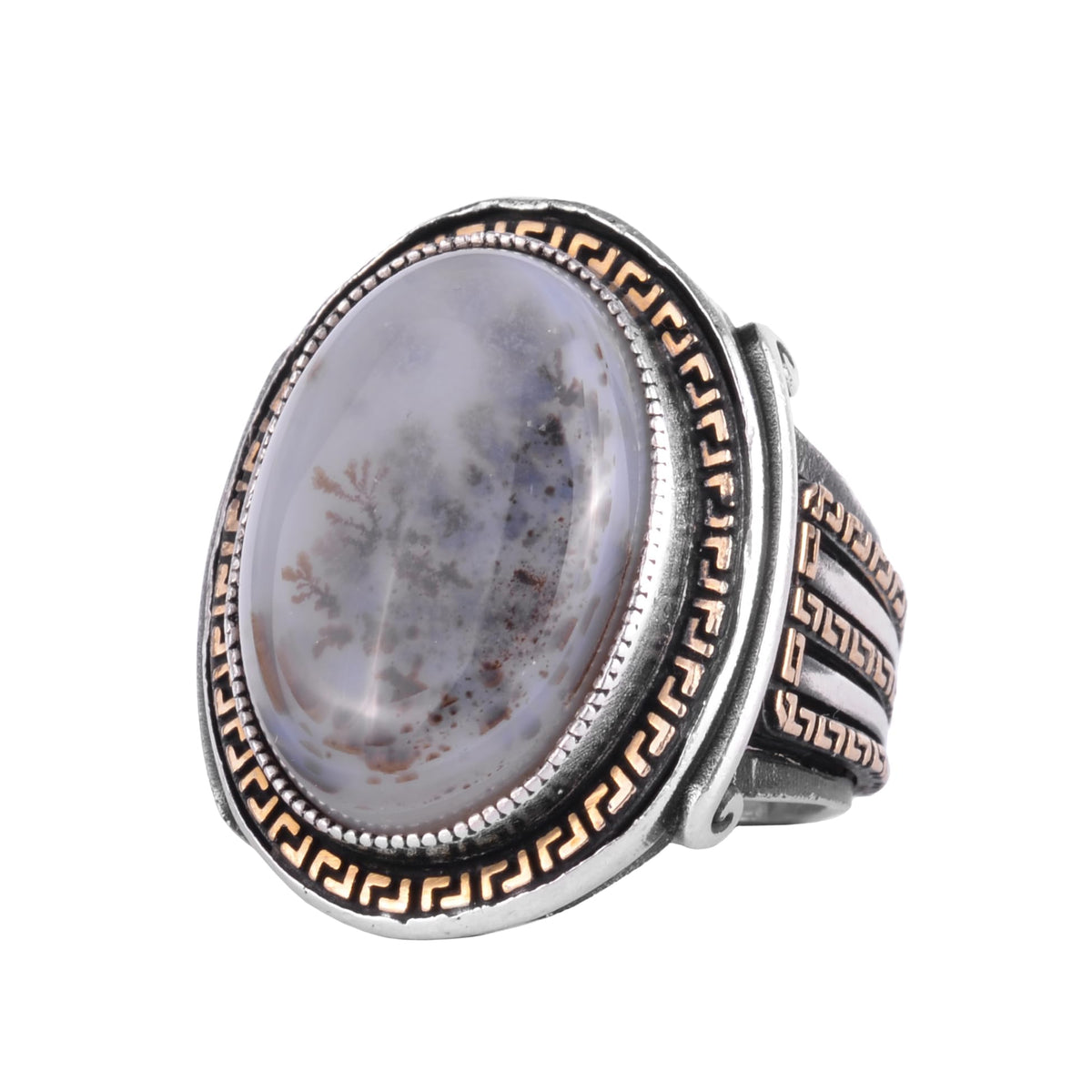 KAMBO Men's Genuine Natural Stone Ring – 925 Sterling Silver Large Statement Ring – Handmade Vintage Design – Dark Silver Ring (Yemen Agate)