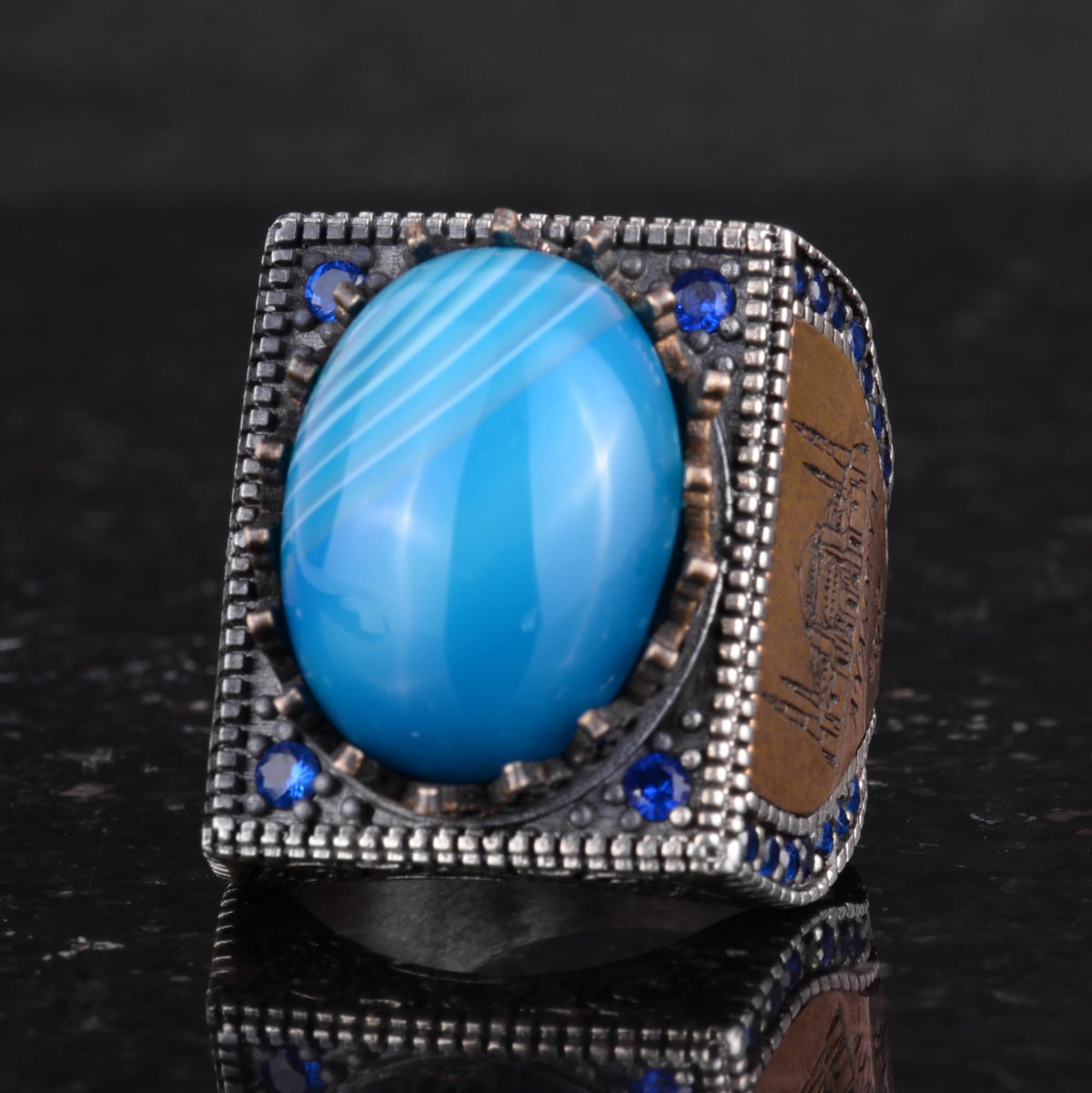 Natural Blue Agate Stone Ring - 925 Sterling Silver Islamic Ring — 6