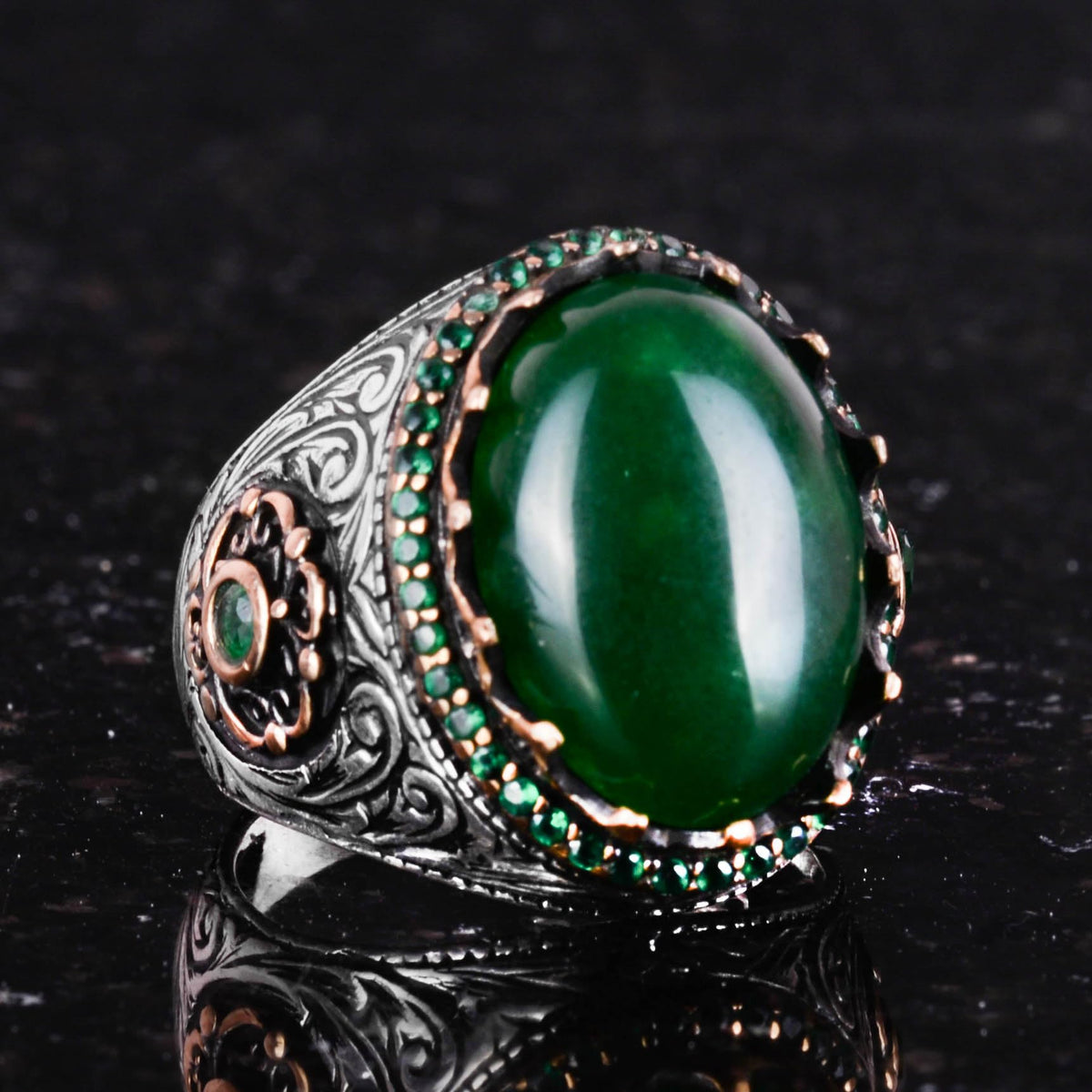 Natural Jade Stone Ring - 925 Sterling Silver Handmade Ring — 5