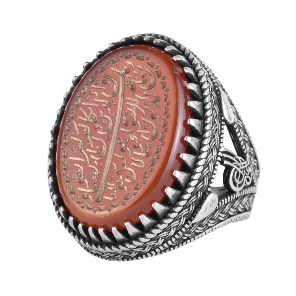 KAMBO Natural Agate Engraved Ottoman Tugra Style Seal Ring 925 Sterling Silver Large Men's Ring Oval Red Stone Handmade Vintage Design (Allah/Muhammed)