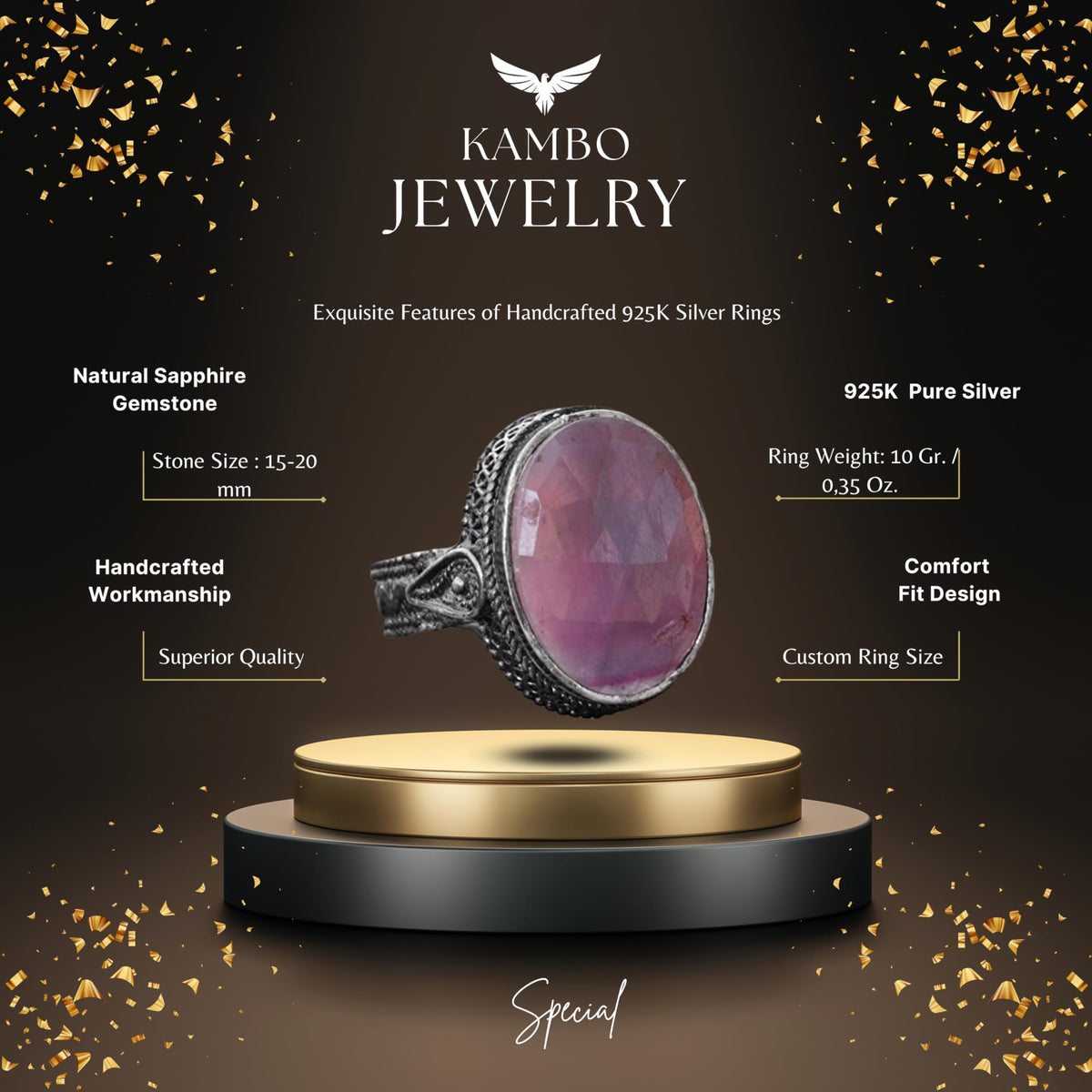 Kambo Handcrafted Ring with Natural Pink Sapphire Gemstone, Silver Men's Ring - Minimalist Design for Mature Individuals, Symbol of Love — 2