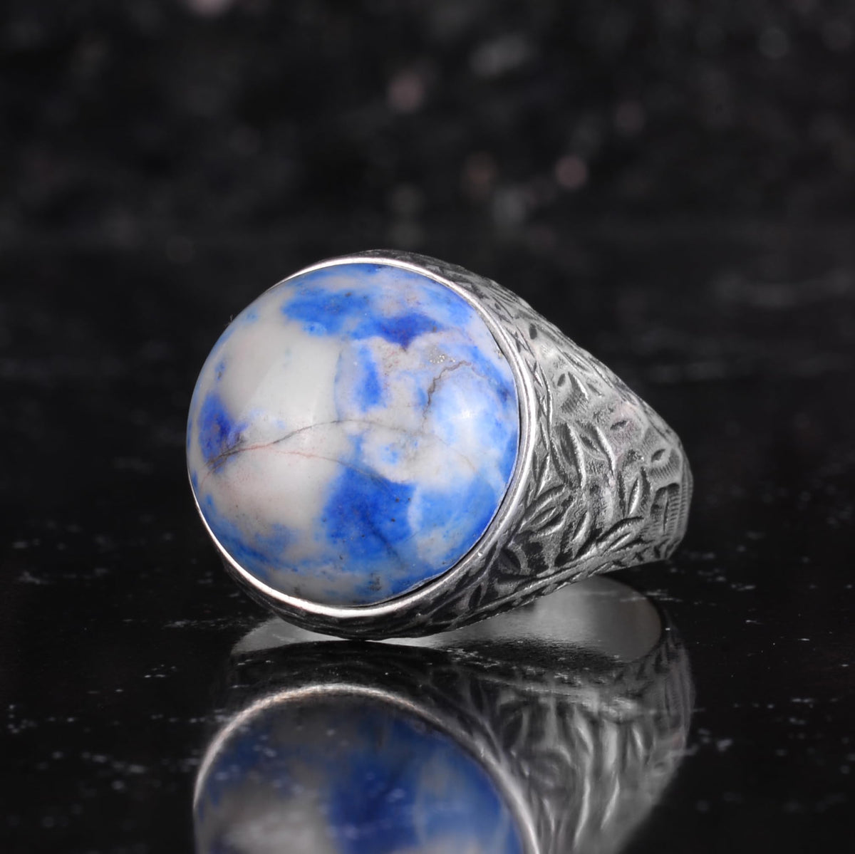 KAMBO Natural Stone Men's Ring 925 Sterling Silver Round Cabochon Handmade Statement Ring Stone (Sodalite) — 5