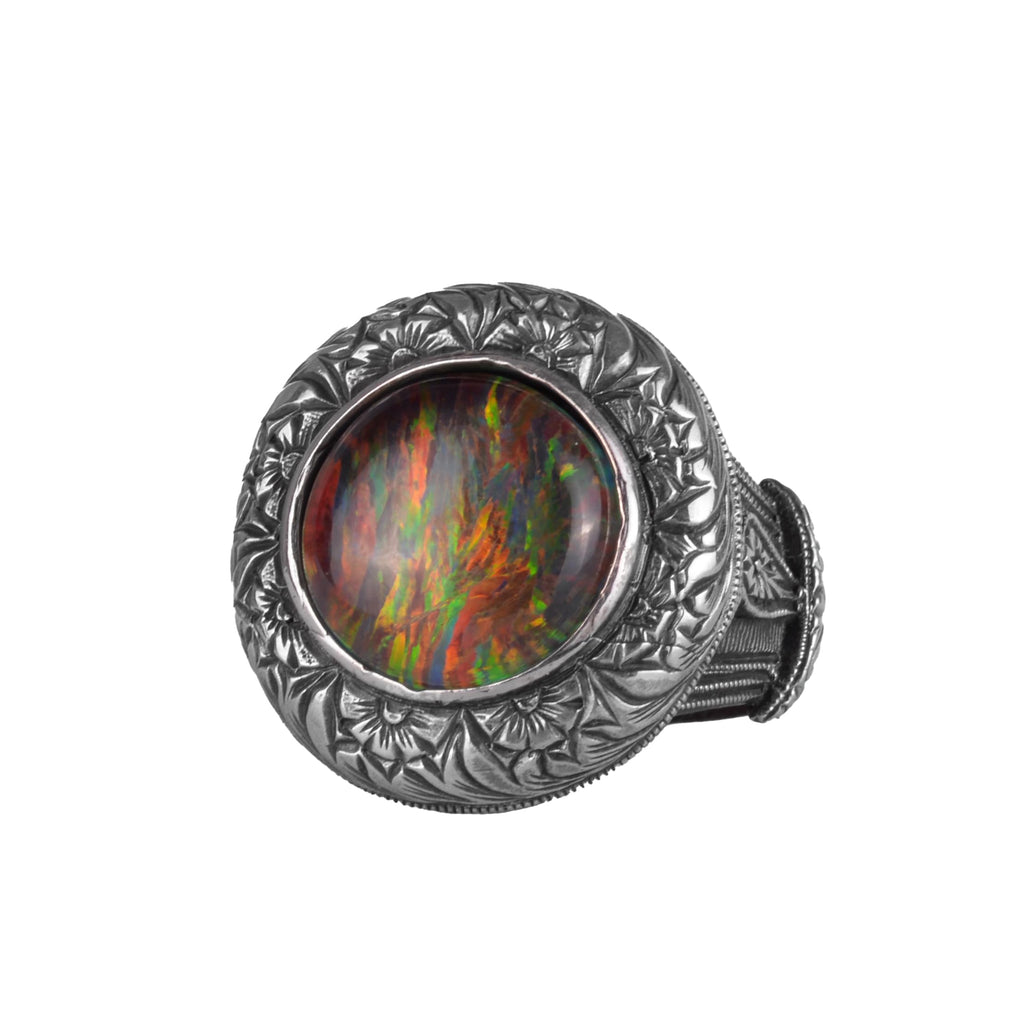 KAMBO Certified Design Opal Men's Ring – Multicolored Fire Opal 925 Sterling Silver Statement Ring – Handmade Bold Design