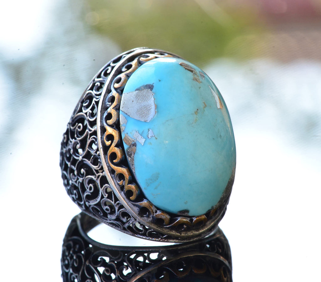 Natural Arizona Turquoise Stone Ring, 925 Sterling Silver Men's Ring (Model-4) — 3