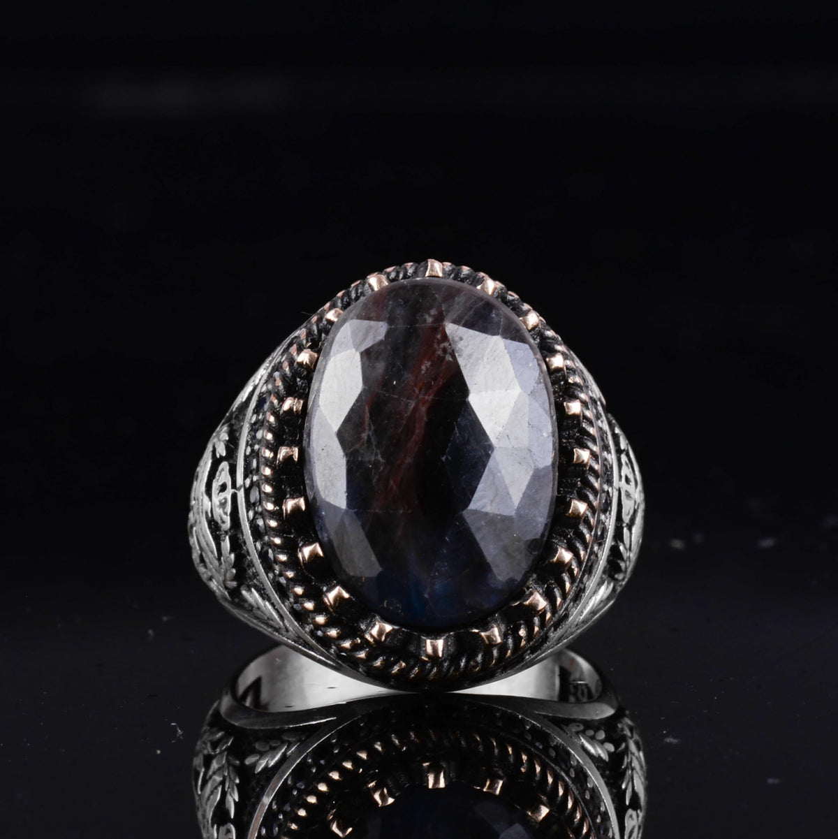 KAMBO Natural Sapphire 925 Sterling Silver Eagle Designed Men's Ring – Handmade Ottoman Style Statement Ring (Navy Sapphire) — 4
