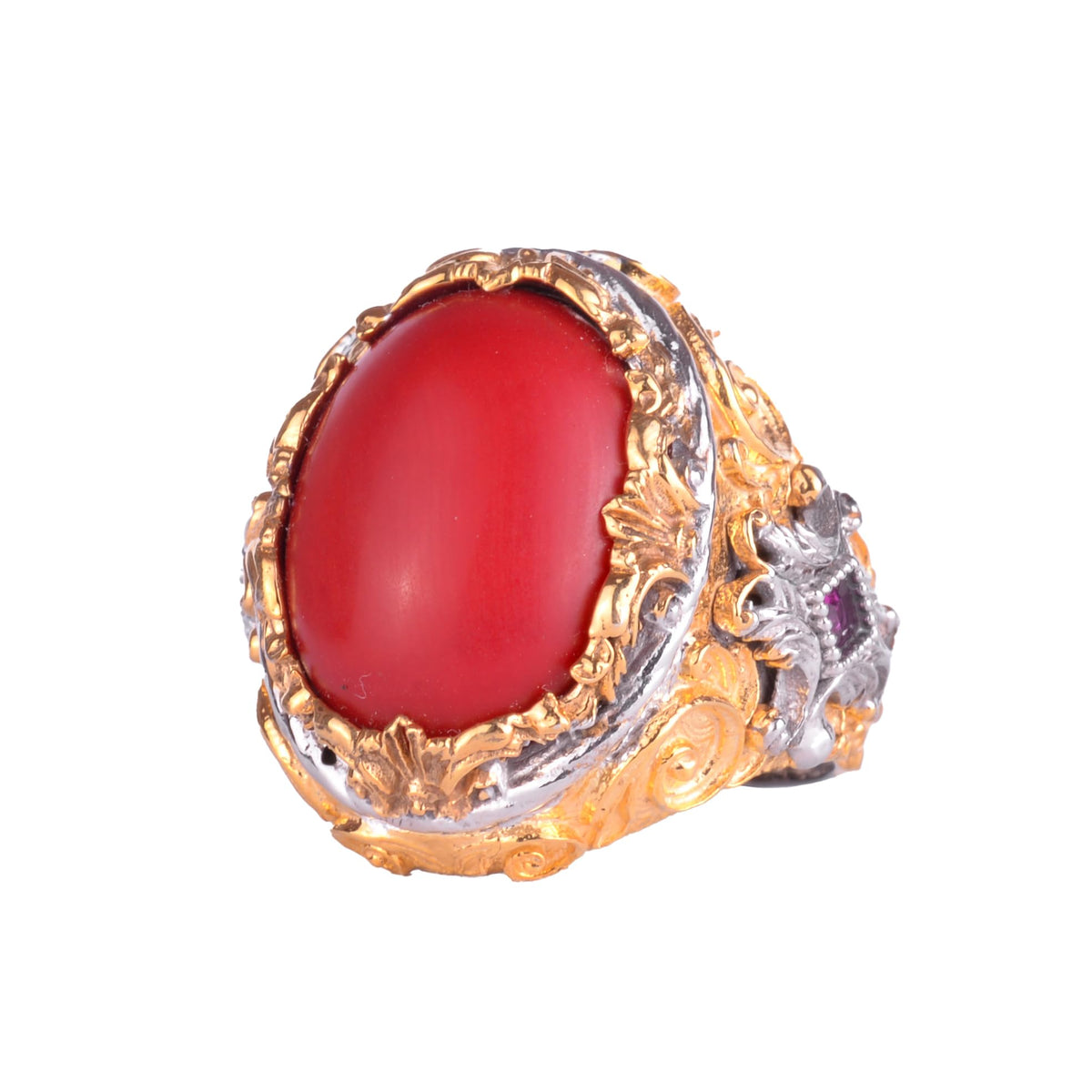 KAMBO Natural Coral Stone Men's Ring 925 Sterling Silver Gold Plated Large Statement Ring Handmade Vintage Design