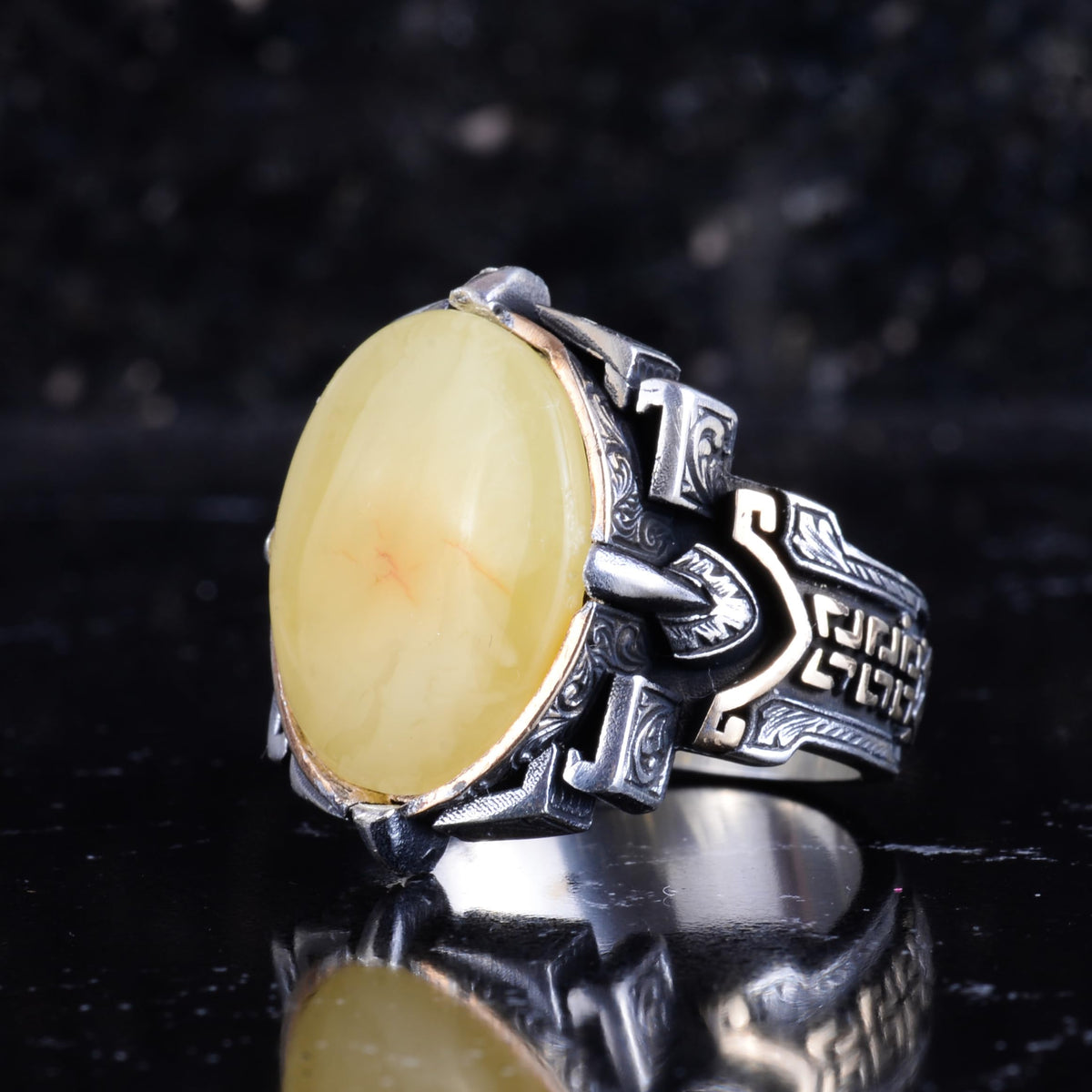 KAMBO Natural Stone Ring 925 Sterling Silver – Handmade Men's Statement Ring Healing Jewelry (Amber) — 5