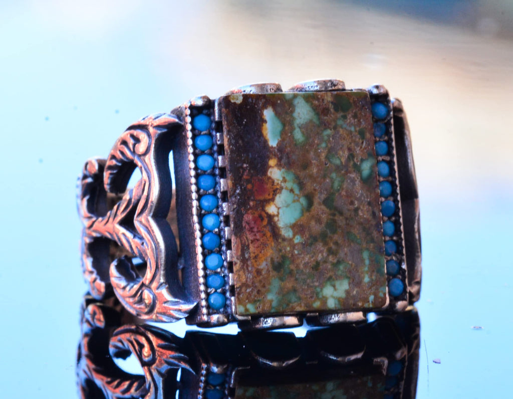 KAMBO Handmade Genuine Natural Arizona Turquoise Sterling Silver Men's Ring - Vintage Style-1 Statement Ring - 925 Sterl