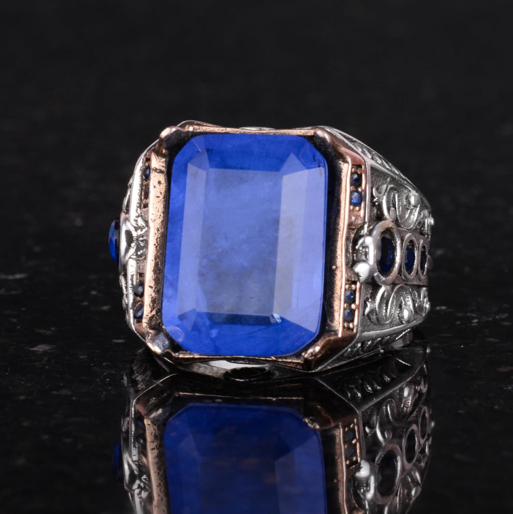 KAMBO 925 Sterling Silver Men's Ring - Arranged Blue Paraiba Stone Men's Ring - Handmade Unique Ring — 6