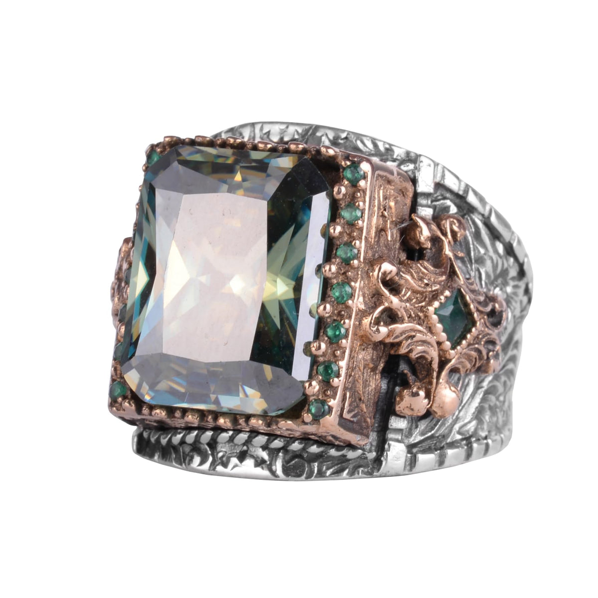 KAMBO Real Moissanite Stone Men's Ring 925 Sterling Silver – Green Accent Stone Luxury Y (Model-2)