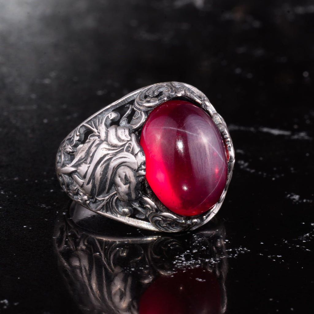 KAMBO Natural Stone Men's Ring 925 Sterling Silver - Large Flower Engraved Statement Ring - Handmade Vintage Ring for Men (Star Ruby) — 5