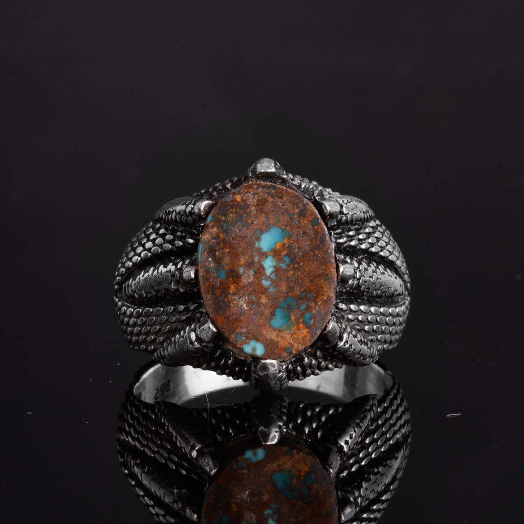 KAMBO Handmade 925 Sterling Silver Men's Turquoise Ring with Claw Detail, Vintage Statement Jewelry, Mythical Warrior De