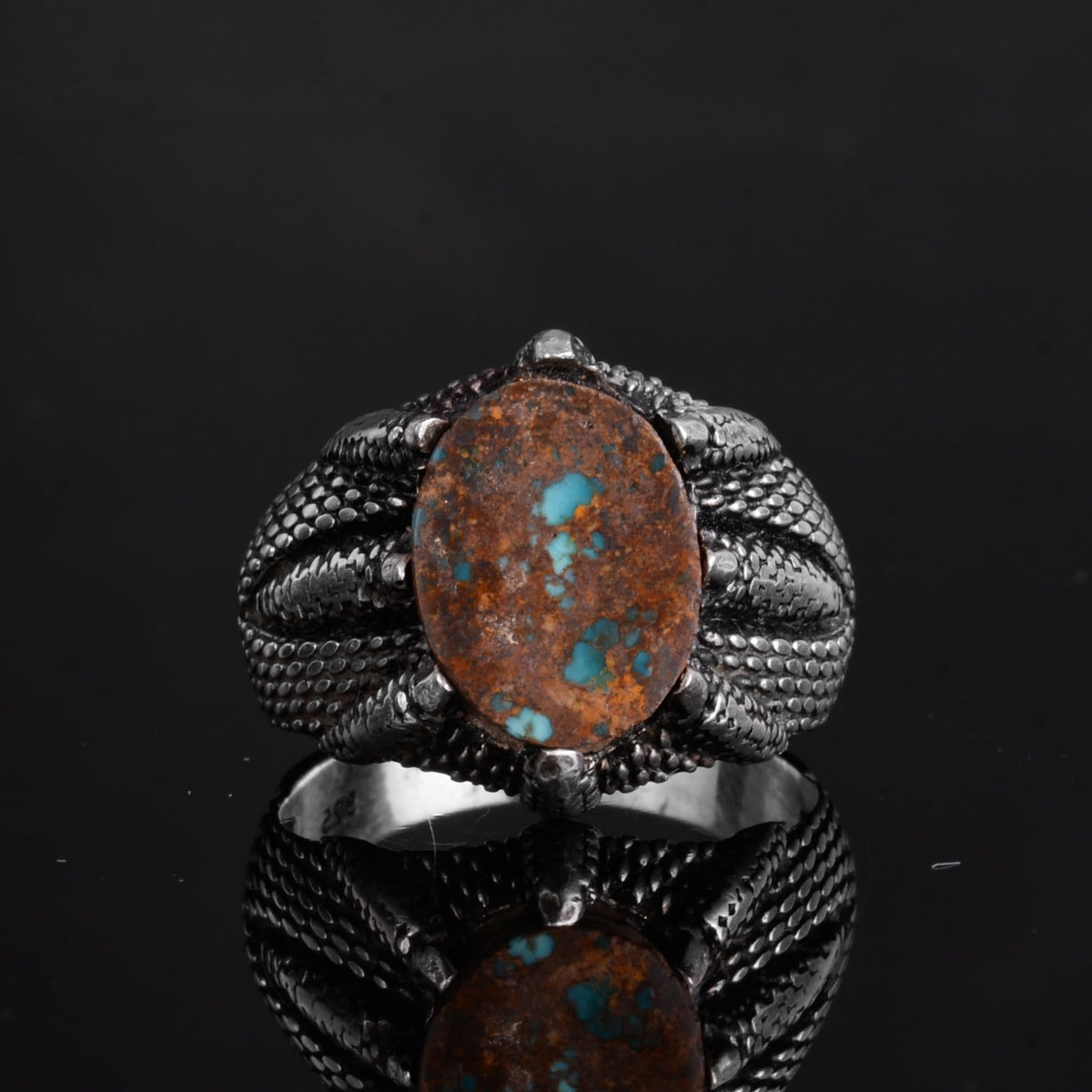 KAMBO Handmade 925 Sterling Silver Men's Turquoise Ring with Claw Detail, Vintage Statement Jewelry, Mythical Warrior De