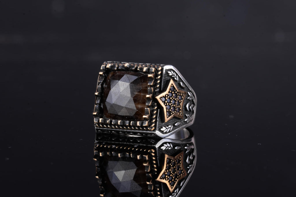 KAMBO Natural Stone Men's Ring – Star Motif 925 Sterling Silver Square Cut Ring (Sapphire) — 5
