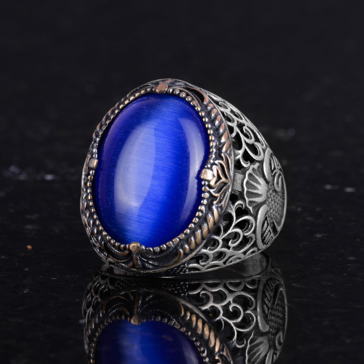 925 Sterling Silver Men's Ring - Blue Cat's Eye Stone Ring - Men's Ring — 5