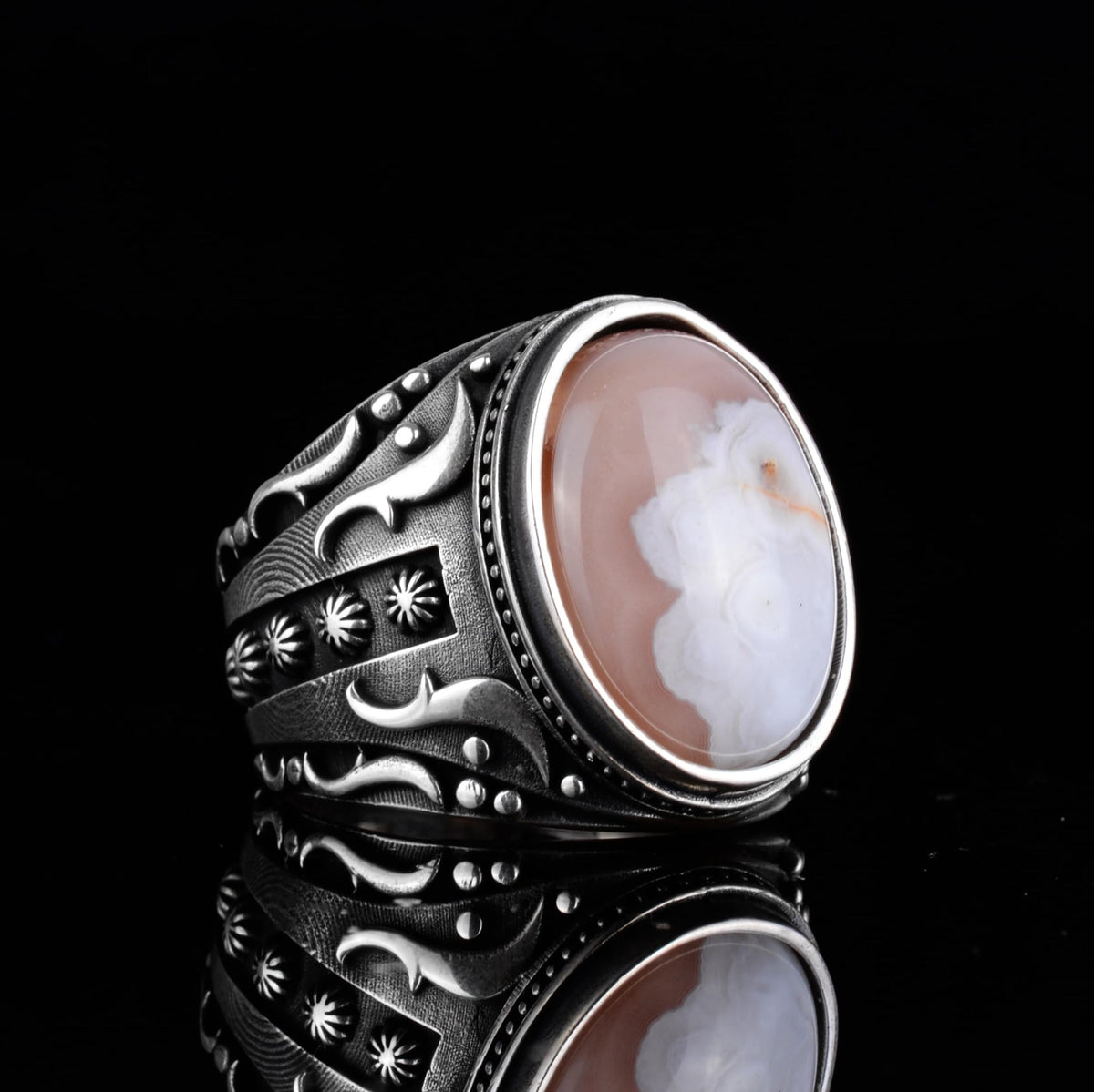 KAMBO Men's Natural Agate Ring – 925 Sterling Silver Flower Pattern Ring – Men's Handmade Vintage Style Statement Ring (Agate-9) — 6