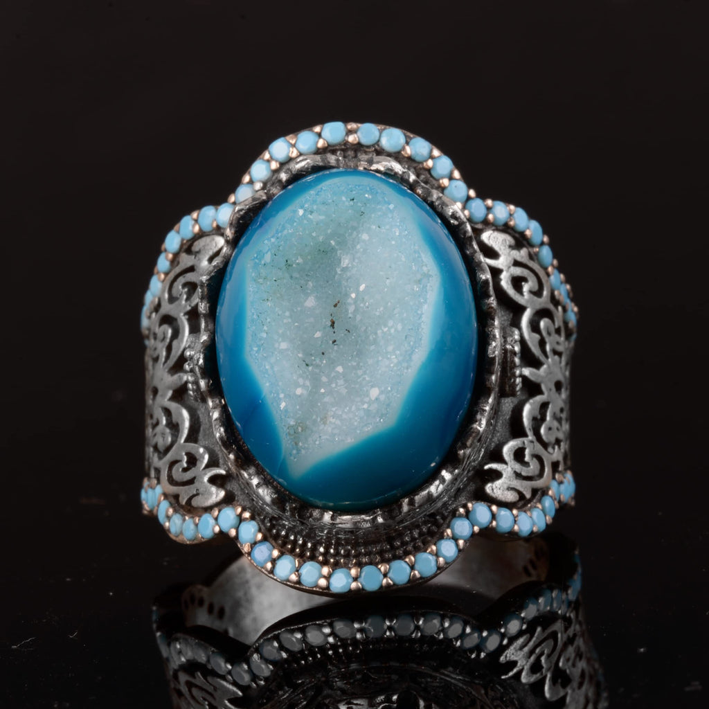 Handcrafted 925 Sterling Silver Men's Ring - Natural Stone (Drusy Quartz) — 3