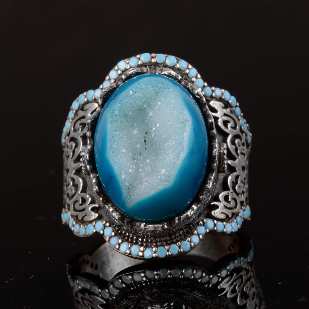 Handcrafted 925 Sterling Silver Men's Ring - Natural Stone (Drusy Quartz) — 3