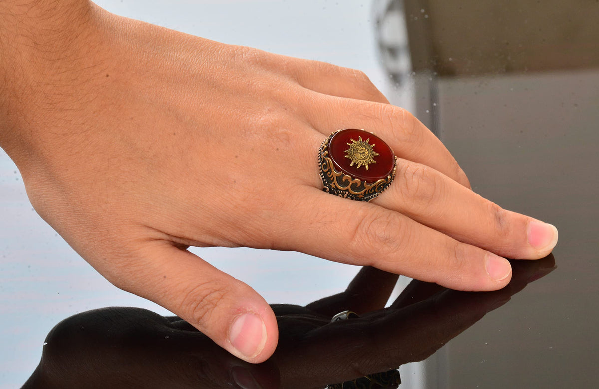 Natural Red Agate Stone Men's Seal Ring - 925 Sterling Silver (Sun) — 6
