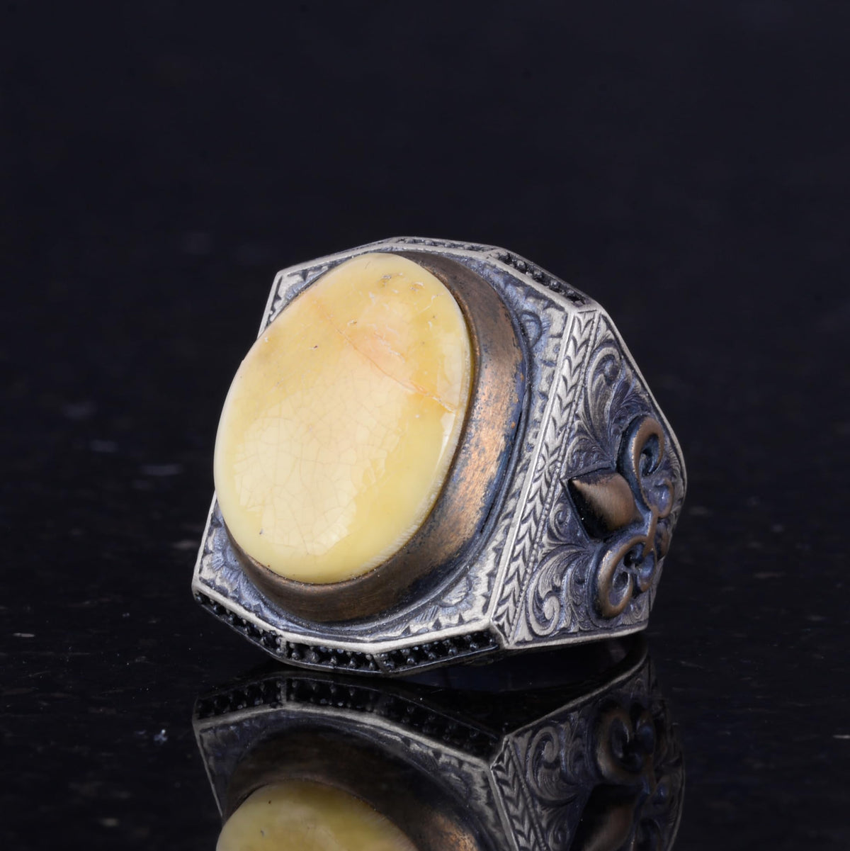 925 Sterling Silver Men's Large Ring - Real Natural Amber Stone - Zulfiqar Sword Symbol — 5