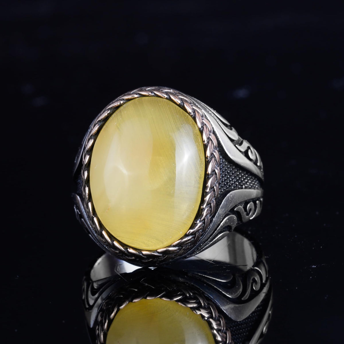 KAMBO Men's Natural Baltic Amber Stone Ring – 925 Sterling Silver Handmade Statement Ring – Authentic Amber Jewelry with Ottoman Style Details (Style-12) — 5