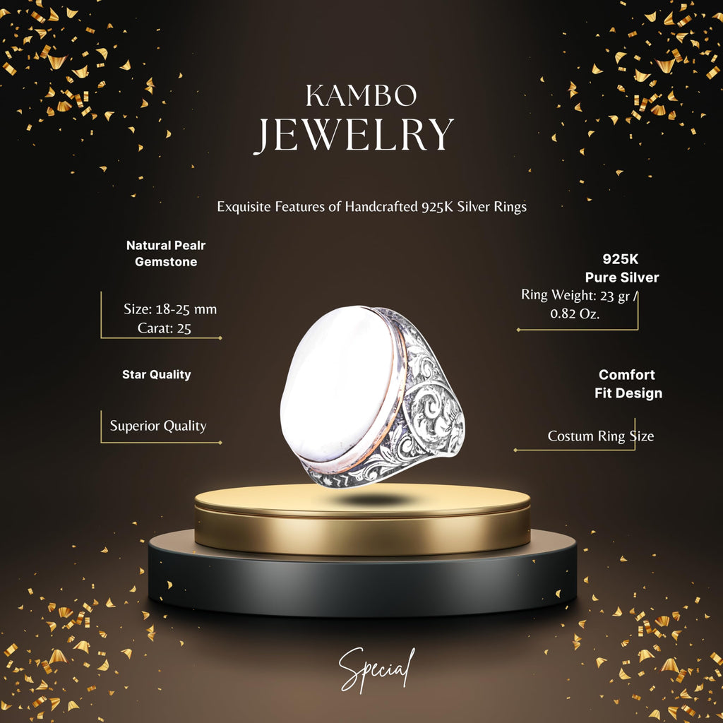 KAMBO Natural Pearl Stone Large Men's Ring - Oval White Stone Vintage Engraved Statement Ring - 925 Sterling Silver Handmade Men's Jewelry — 2