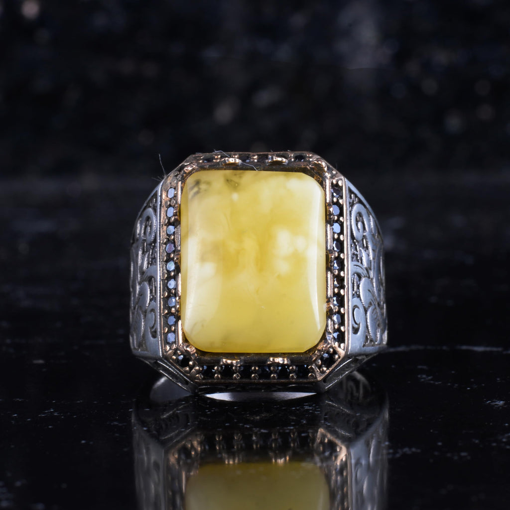 KAMBO Natural Stone Ring for Men 925 Sterling Silver - Rectangular Statement Ring Handmade Jewelry (Amber) — 3