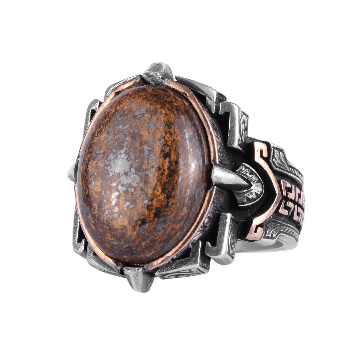 KAMBO Natural Stone Ring 925 Sterling Silver – Handmade Men's Statement Ring Healing Jewelry (Bronzite)